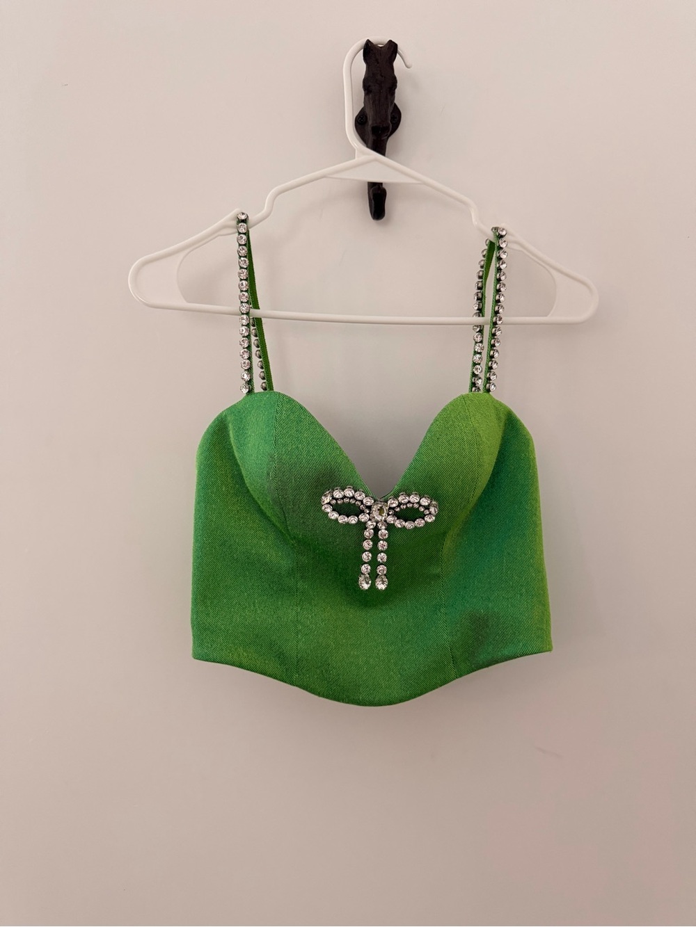 AREA Green Crystal-Embellished Bustier Crop Top